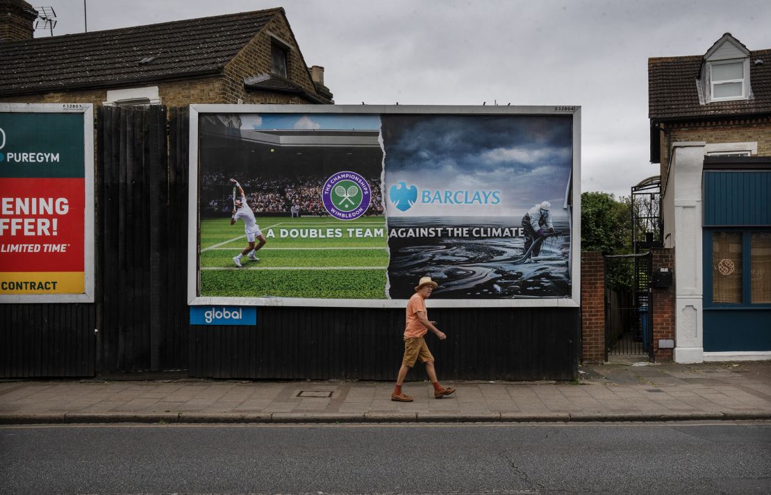 Another of the pieces of art -- by Matt Bonner -- protesting Barclays' sponsorship of Wimbledon. 30/6/24 Photo Tom Pilston.