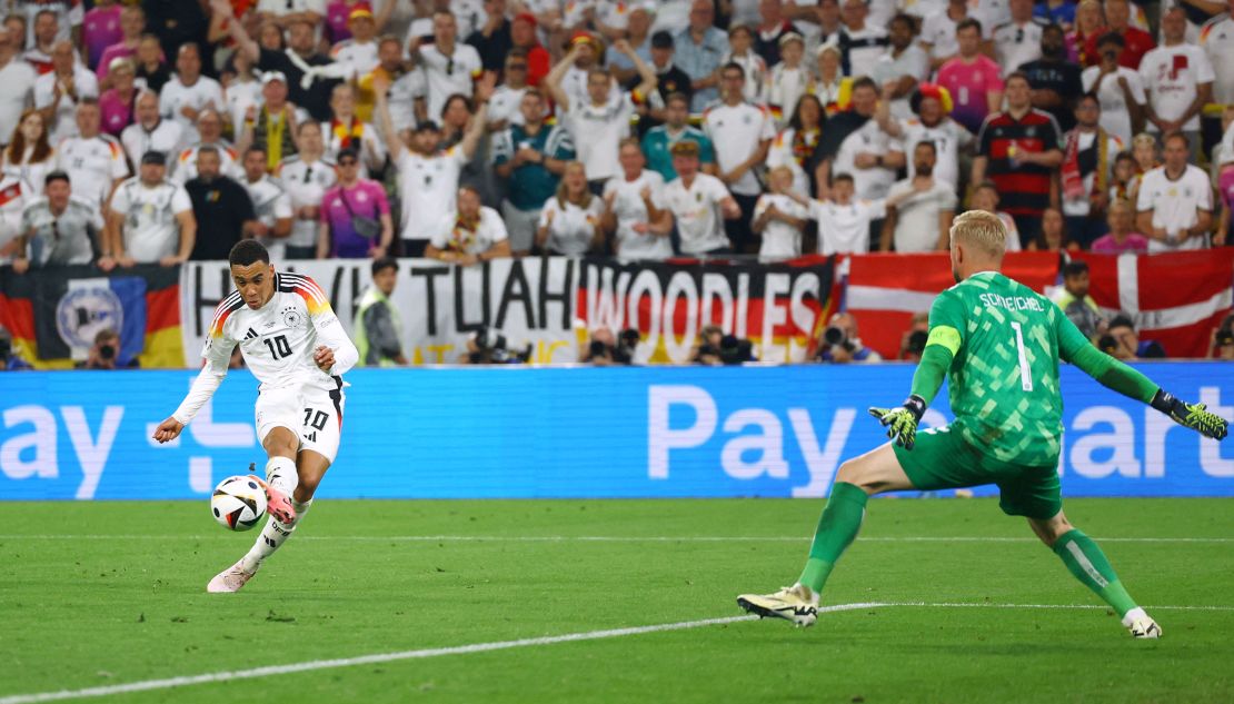 Musiala slots home his third goal of Euro 2024 - the 21-year-old is now the tournament's joint-top goalscorer with Georgia's Georges Mikautadze.