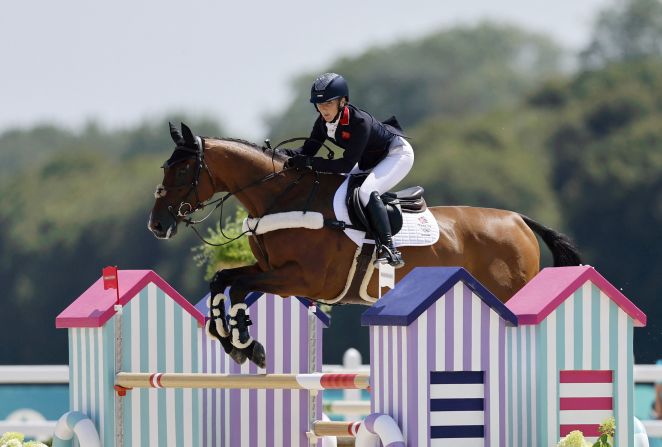 Laura Collett of Great Britain rides horse London 52 during the eventing individual jumping qualifier on July 29.