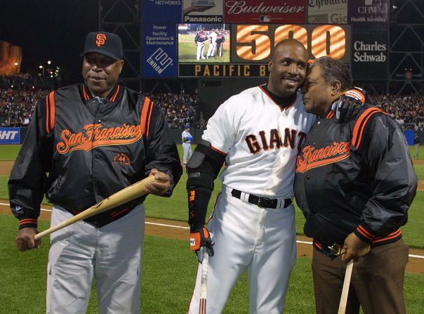 San Francisco Giants Barry Bonds outfield, center, hugs Mays while Giants Hall of Famer Willie McCovey stands nearby, on April 17, 2001. Mays was Bonds' godfather. On the day of Mays' death, Bonds shared a post on Instagram, saying: "I am beyond devastated and overcome with emotion. I have no words to describe what you mean to me -- you helped shape me to be who I am today. Thank you for being my Godfather and always being there. Give my dad a hug for me. Rest in peace Willie, I love you forever."