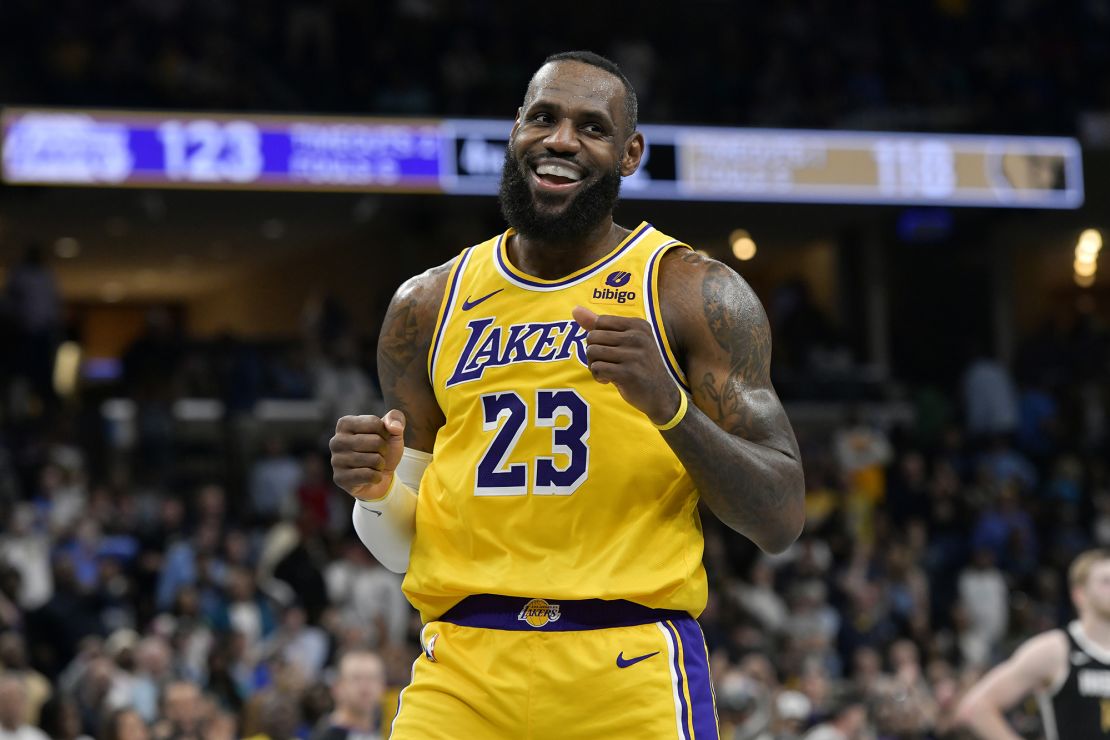 James smiles during a Los Angeles Lakers game against the Memphis Grizzlies in 2024.