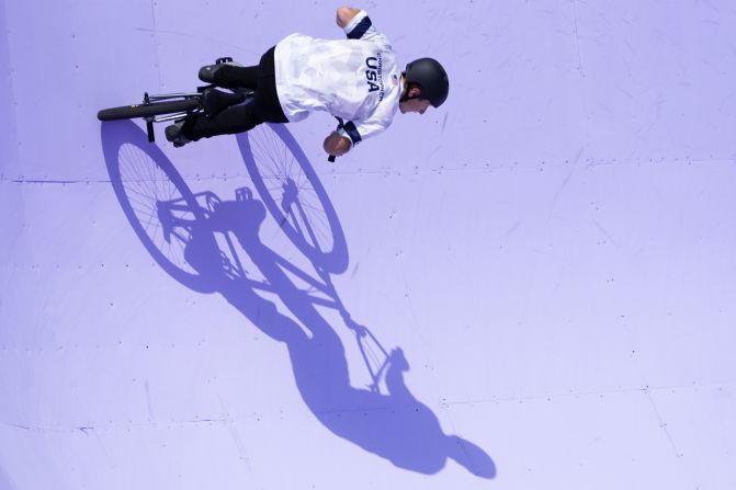 American athlete Marcus Christopher competes in BMX freestyle qualifying on July 30.