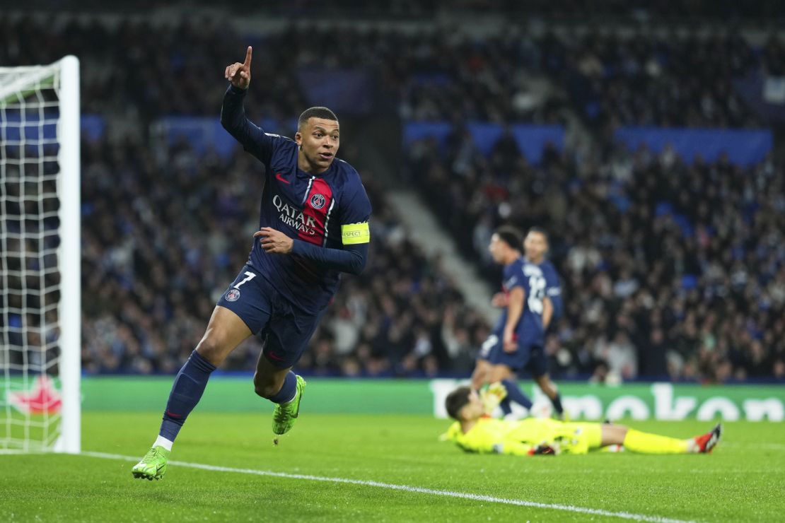 Mbappé celebrates scoring against Real Sociedad in the Champions League.