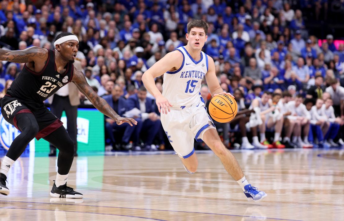 NASHVILLE, TENNESSEE - MARCH 15: Reed Sheppard #15 of the Kentucky Wildcats dribbles the ball against the Texas A&M Aggies during the quarterfinals of the SEC Basketball Tournament at Bridgestone Arena on March 15, 2024 in Nashville, Tennessee. (Photo by Andy Lyons/Getty Images)