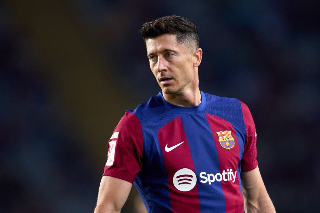 BARCELONA, SPAIN - MAY 13: Robert Lewandowski of FC Barcelona looks on during the LaLiga EA Sports match between FC Barcelona and Real Sociedad at Estadi Olimpic Lluis Companys on May 13, 2024 in Barcelona, Spain. (Photo by Alex Caparros/Getty Images)