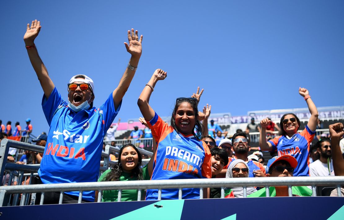 India supporters cheer during the ICC Men's T20 World Cup warm-up match with Bangladesh at Nassau County International Cricket Stadium, in New York, June 1.