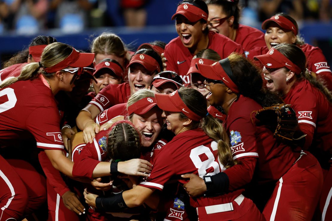 The Oklahoma Sooners celebrate after defeating the Texas Longhorns in Oklahoma City, Oklahoma, on Thursday.