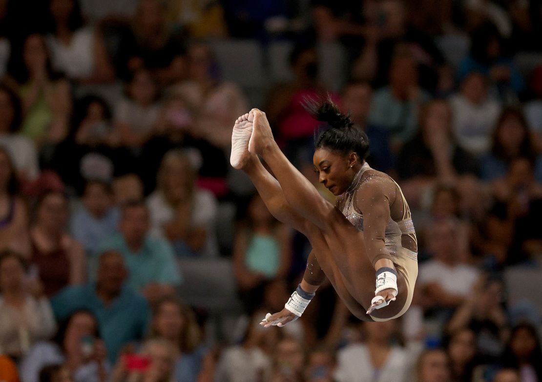 FORT WORTH, TEXAS - JUNE 02: Simone Biles competes on the uneven bars during the 2024 Xfinity U.S. Gymnastics Championships at Dickies Arena on June 02, 2024 in Fort Worth, Texas. (Photo by Elsa/Getty Images)