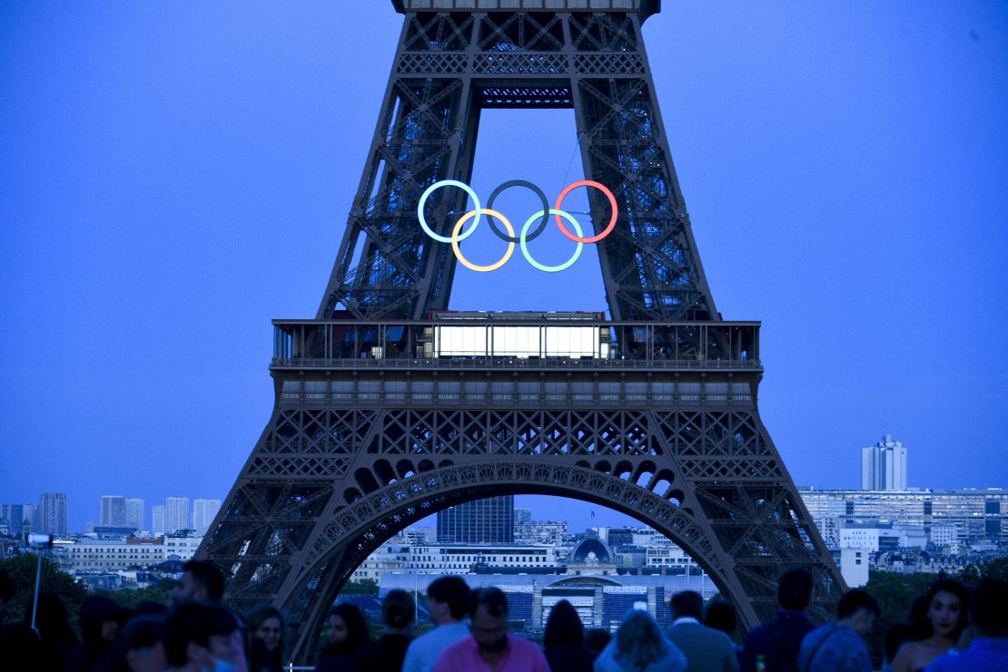 The Olympic rings on the Eiffel Tower in Paris.