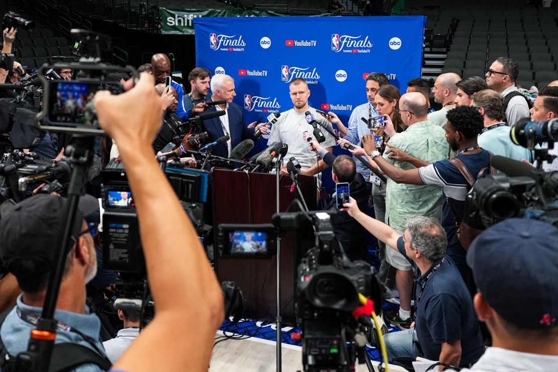 Porziņģis talks to the media ahead of Game 3 of the 2024 NBA Finals.