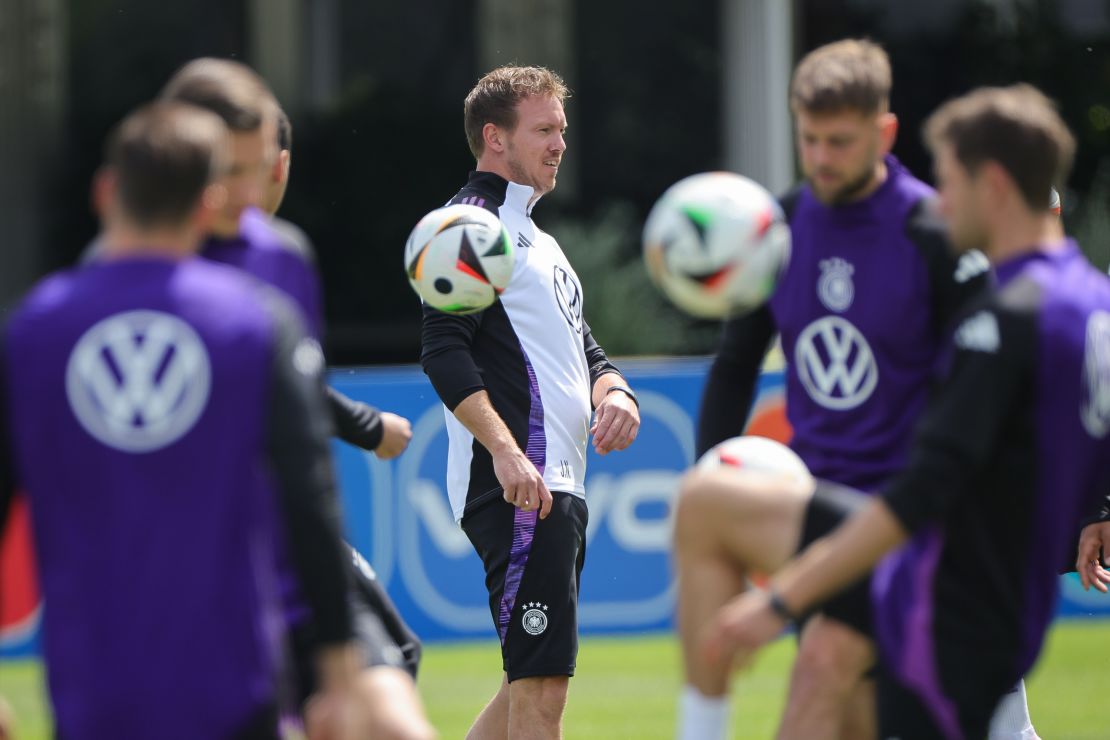 12 June 2024, Bavaria, Herzogenaurach: Soccer, preparation for UEFA Euro 2024, training Germany, Germany coach Julian Nagelsmann at training. Photo: Christian Charisius/dpa - IMPORTANT NOTE: In accordance with the regulations of the DFL German Football League and the DFB German Football Association, it is prohibited to utilize or have utilized photographs taken in the stadium and/or of the match in the form of sequential images and/or video-like photo series. (Photo by Christian Charisius/picture alliance via Getty Images)