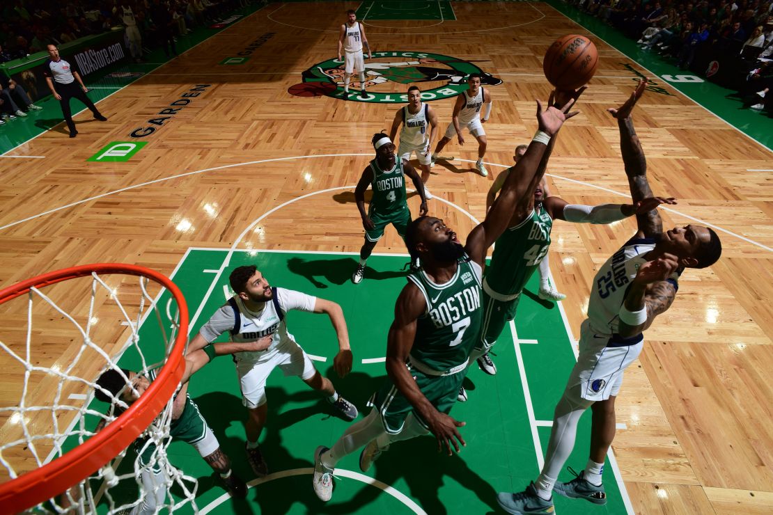 The Celtics' Jaylen Brown, No. 7, was named the NBA Finals MVP. He scored 21 points Monday, and averaged 20.8 points, 5.4 rebounds and five assists per game in the series.