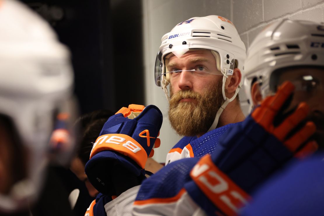 Mattias Ekholm #14 of the Edmonton Oilers looks on in the hallway before Game Five of the 2024 Stanley Cup Final.