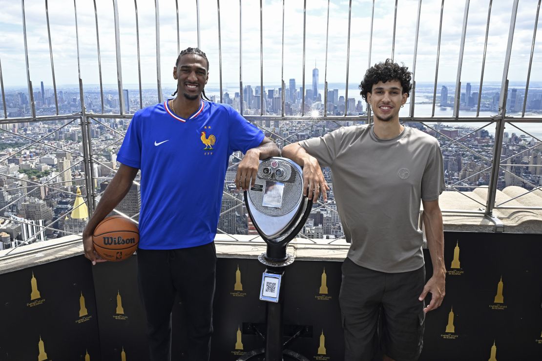 NEW YORK - JUNE 24: NBA Draft prospects Alexandre Sarr and Zaccharie Risacher visit the Empire State Building on June 24th, 2024 in New York City, New York. NOTE TO USER: User expressly acknowledges and agrees that, by downloading and/or using this photograph, user is consenting to the terms and conditions of the Getty Images License Agreement. Mandatory Copyright Notice: Copyright 2024 NBAE (Photo by David Dow/NBAE via Getty Images)