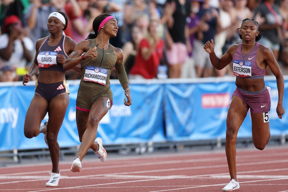 Sha'Carri Richardson crosses the finish line of the women's 100 meter dash final at Hayward Field Saturday.