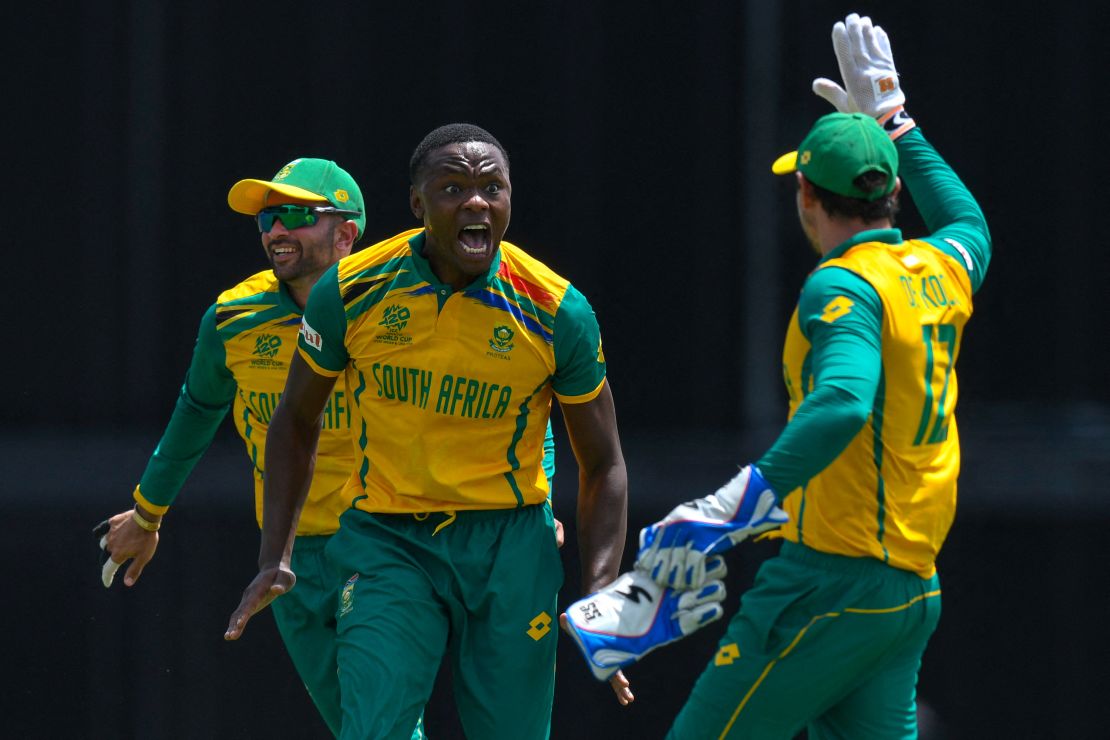 South Africa's Kagiso Rabada celebrates the dismissal of India's Suryakumar Yadav.