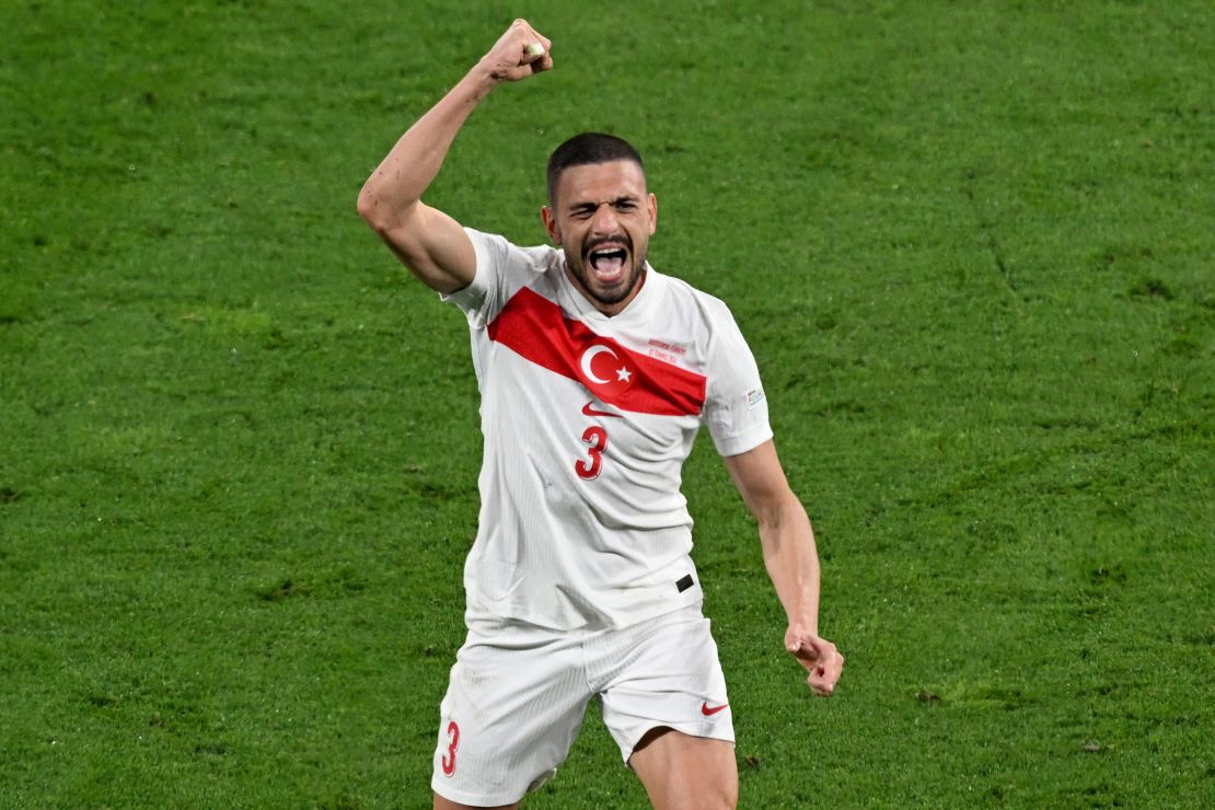 02 July 2024, Saxony, Leipzig: Soccer: European Championship, Austria - Turkey, final round, round of 16, Leipzig Stadium, Merih Demiral of Turkey celebrates after his second goal to make it 2-0. Photo: Hendrik Schmidt/dpa (Photo by Hendrik Schmidt/picture alliance via Getty Images)