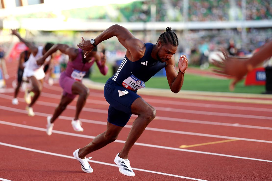 Noah Lyles competes in the men's 200 meter semifinal.