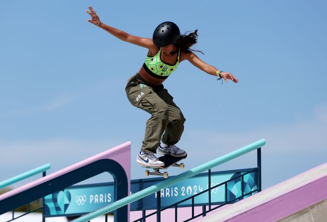 Brazilian skateboarder Rayssa Leal performs a trick during the street competition on July 28. She won the bronze medal, while <a href="https://www.cnn.com/sport/live-news/paris-olympics-news-2024-07-28#h_34e27ed8850b8b9e776b8cc45971160b">Japan's Coco Yoshizawa won gold</a>.