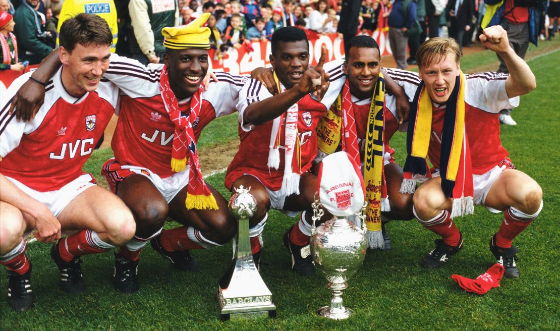 Arsenal players celebrate after securing the league title in 1991.