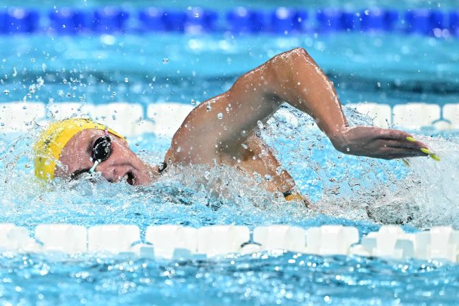 Australia's Ariarne Titmus swims the final of the 400-meter freestyle on Saturday, July 27. <a href="https://www.cnn.com/sport/live-news/paris-olympics-news-2024-07-27#h_e3899f62ed1819266f217dd3e41df72d">Titmus won the gold for the second straight Olympics</a>, while Canada's Summer McIntosh finished second and the United States' Katie Ledecky finished third.