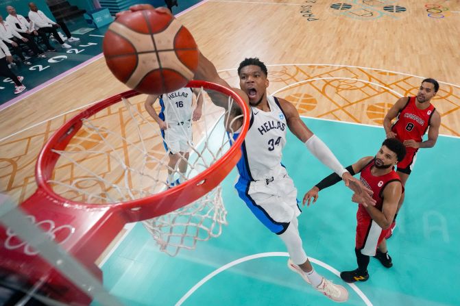 Greece's Giannis Antetokounmpo dunks the ball during a game against Canada on July 27. Canada won 86-79.