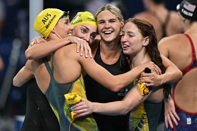 Australia's Emma McKeon, Meg Harris, Shayna Jack and Mollie O'Callaghan celebrate after winning the women's 4x100-meter freestyle relay on July 27. The team <a href="https://www.cnn.com/sport/live-news/paris-olympics-news-2024-07-27#h_05f2ceec83a3ac61f2b0106622866152">set an Olympic record</a> with a time of 3:28:92.