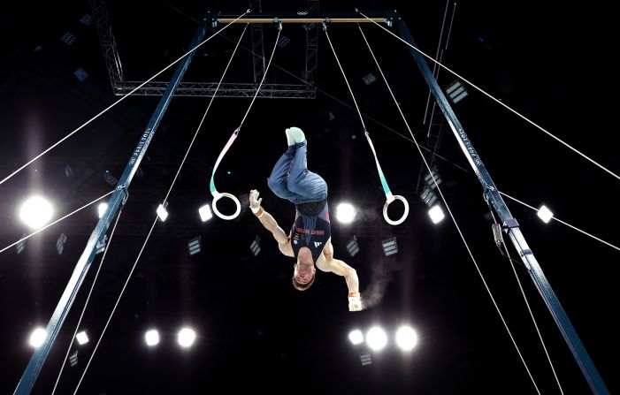 Harry Hepworth of Great Britain competes on the rings during qualifying on July 27.