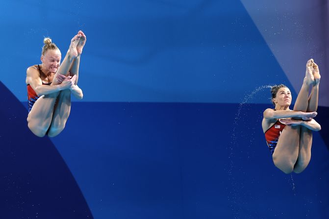 US divers Sarah Bacon, left, and Kassidy Cook compete in the synchronized 3-meter springboard event on July 27. They earned silver — <a href="https://www.cnn.com/sport/live-news/paris-olympics-news-2024-07-27#h_b07fe2a79d726f88ed87e64d20057e38">the United States’ first medal of this year's Games</a>. The gold went to China's Chang Yani and Chen Yiwen.