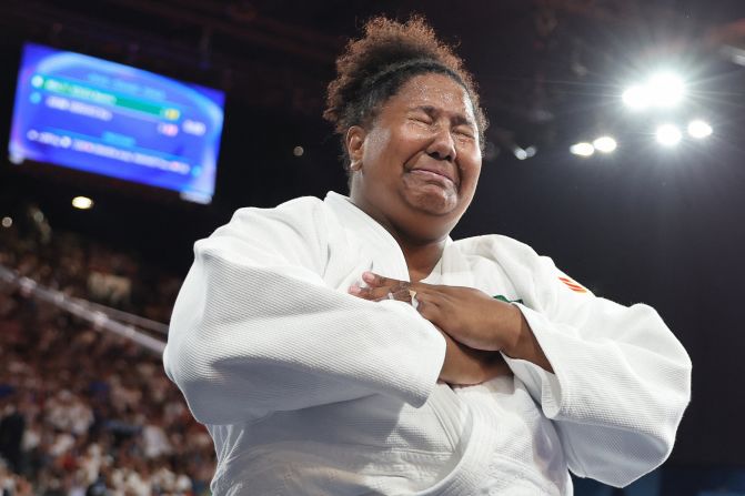 Brazil's Beatriz Souza reacts after beating Israel's Raz Hershko in judo, winning her nation's first gold of the Games on August 2.