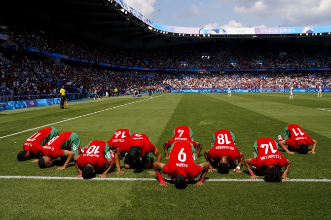 Morocco celebrates its first goal on August 2. The Atlas Lions beat the United States 4-0 to advance to the semifinals in men's soccer. Their win comes nearly two years after the Moroccan men's national team's <a href="https://www.cnn.com/2022/12/10/football/morocco-portugal-quarterfinals-world-cup-2022-spt-intl/index.html">historic run in the FIFA World Cup in 2022.</a>