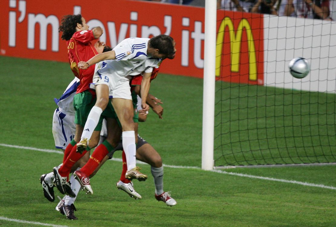 Angelos Charisteas scores the winning goal against Portugal in the final.