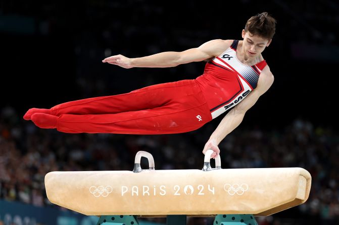 Stephen Nedoroscik competes in the pommel horse final on August 3. Nedoroscik, nicknamed the “Clark Kent” of Team USA for his bespectacled appearance before competing, <a href="https://www.cnn.com/sport/live-news/paris-olympics-news-2024-08-03#h_60cd16433630c675f20d9dbb8a2f2181">won his second bronze medal</a> of the Paris Olympics.