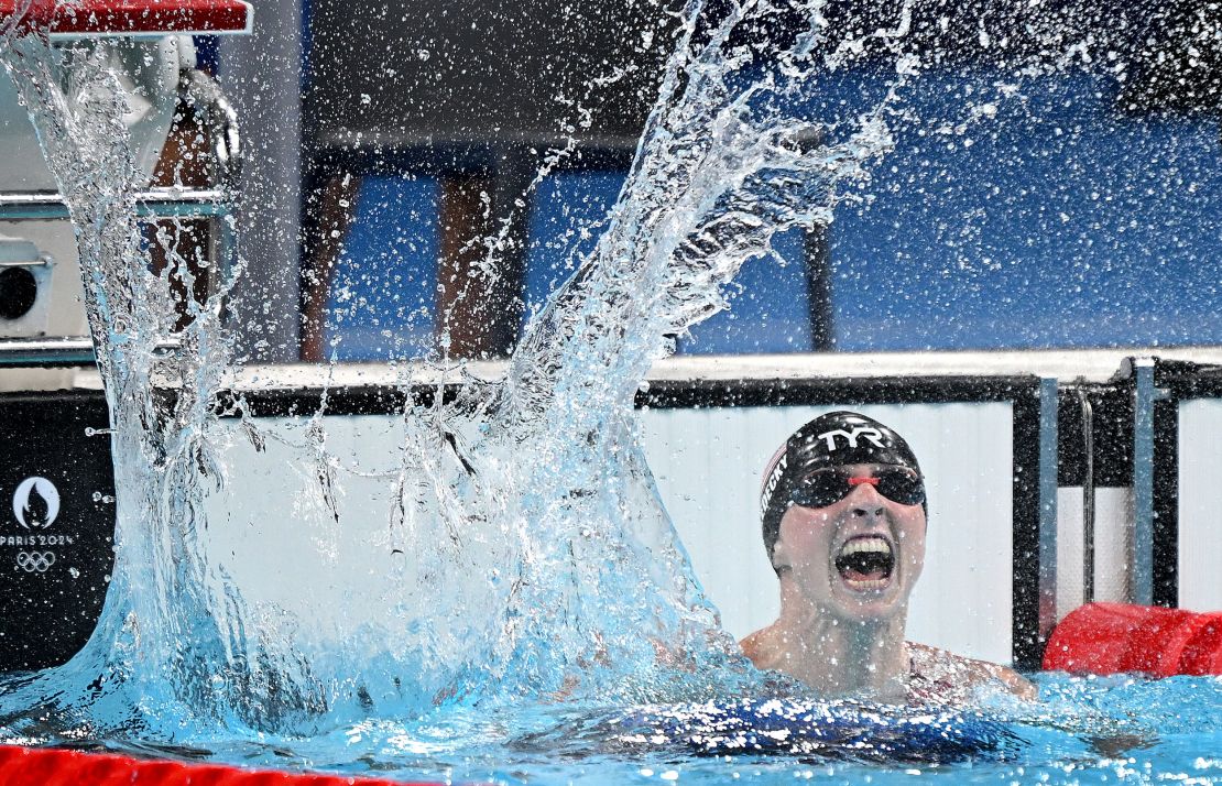 Katie Ledecky of the USA celebrates victory after winning the Women's 1500m Swimming Final on day five of the Olympic Games Paris 2024 at Paris La Defense Arena on July 31, 2024 in Nanterre, France.