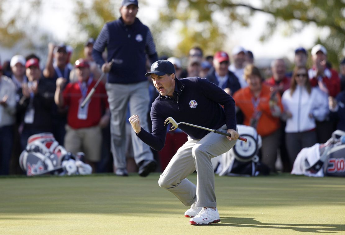 Bradley celebrates a key putt during the 2012 Ryder Cup.