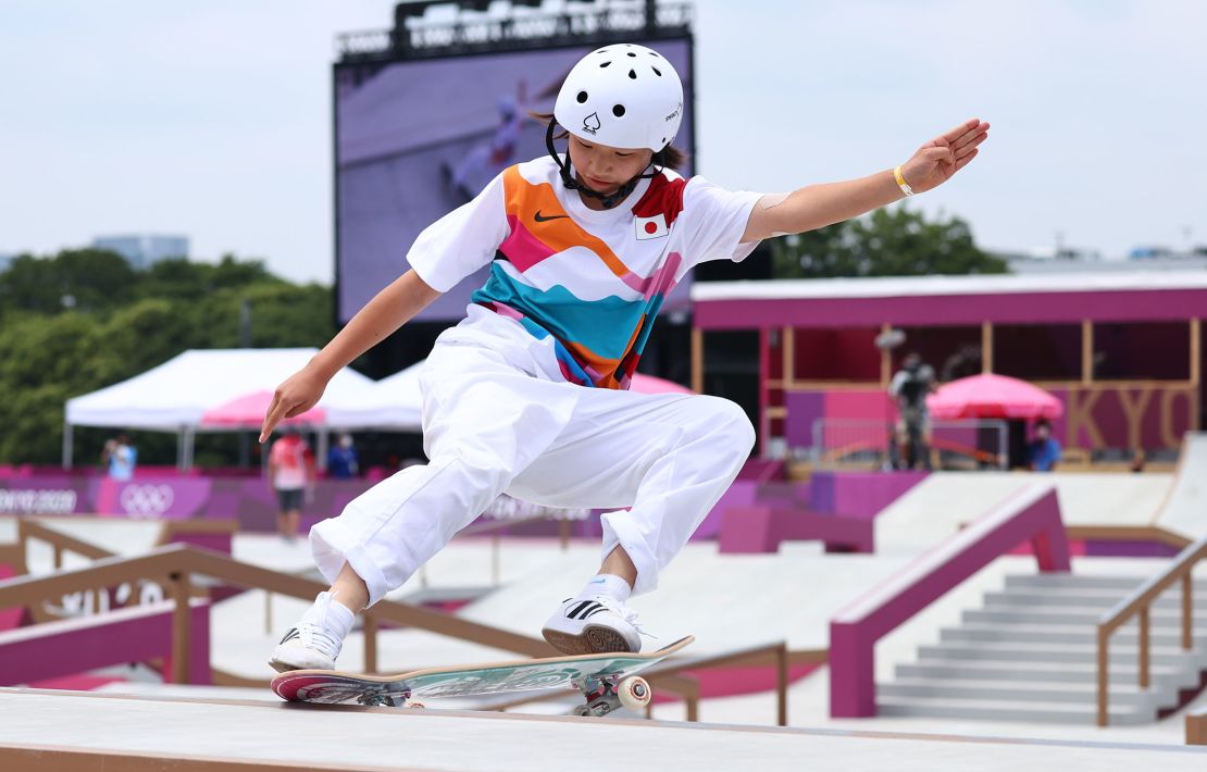 Momiji Nishiya competes at the Tokyo Olympics.