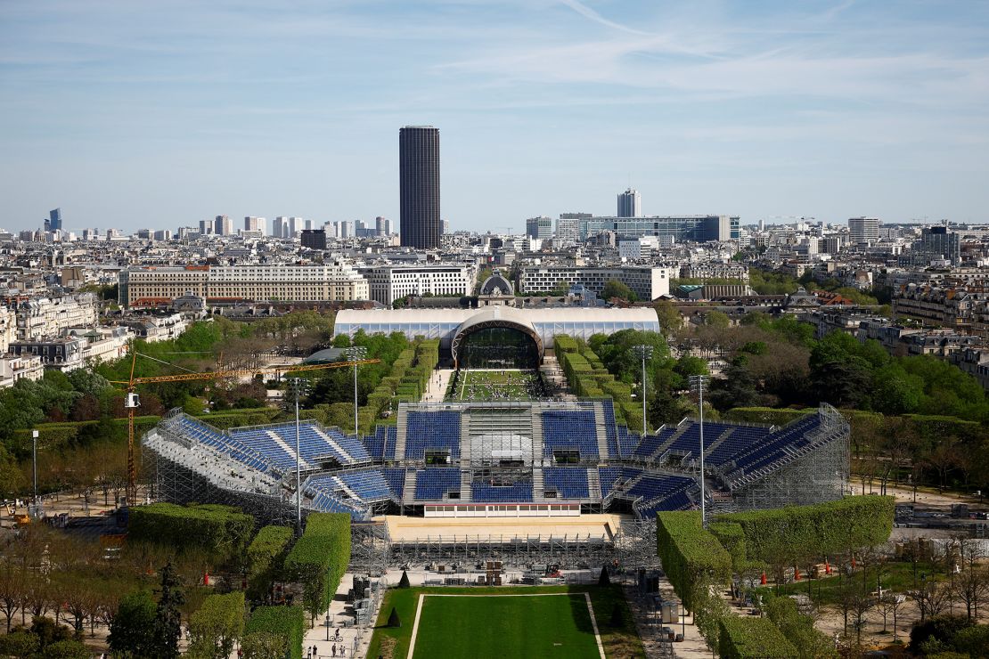 The view from the Eiffel Tower of the beach volleyball arena and the Champ de Mars.