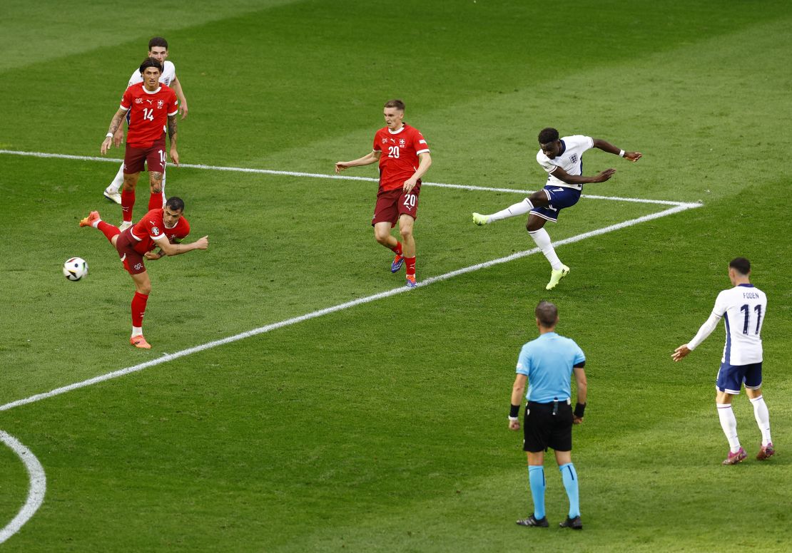 Saka scores against Switzerland at Euro 2024.