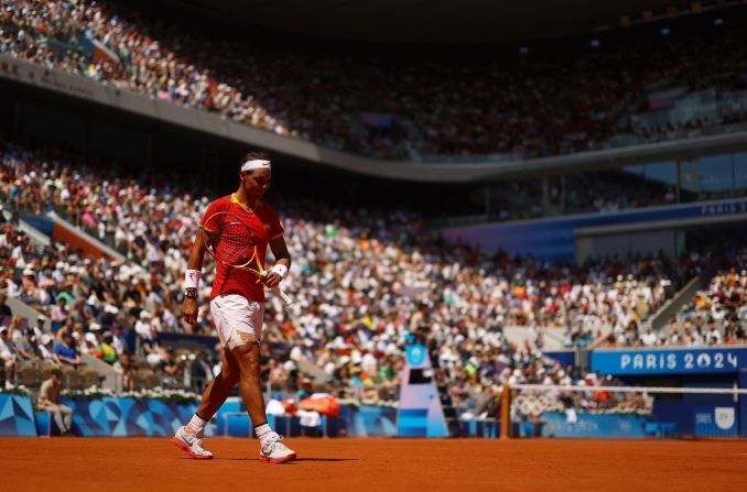 Spain's Rafael Nadal reacts while playing Serbia's Novak Djokovic in a second-round match on July 29. Djokovic defeated his longtime rival in an <a href="https://www.cnn.com/sport/live-news/paris-olympics-news-2024-07-29#h_1ed80ed5abf02b17471e4d6c7a8aec81">epic showdown</a>, winning 6-1, 6-4.