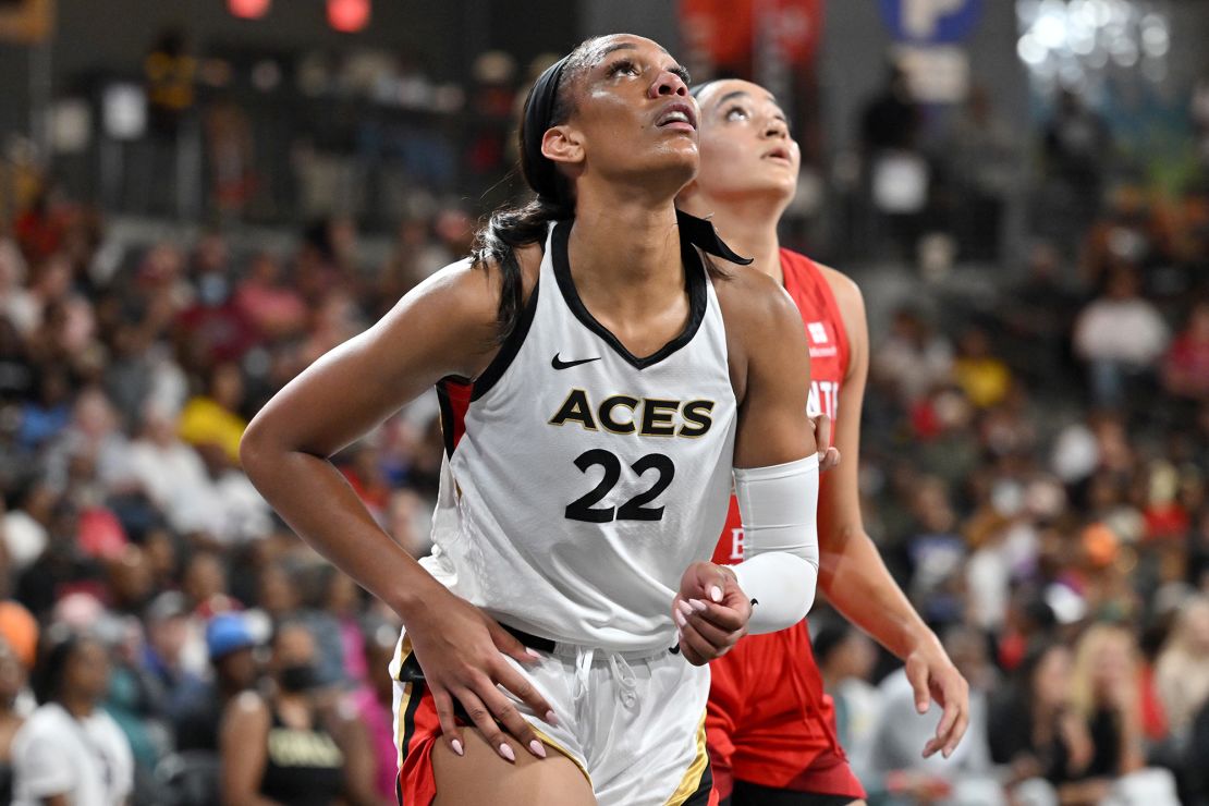 COLLEGE PARK, GA - AUGUST 22: A'ja Wilson #22 of the Las Vegas Aces looks on during the game against the Atlanta Dream on August 22, 2023 at Gateway Center Arena in College Park, Georgia. NOTE TO USER: User expressly acknowledges and agrees that, by downloading and or using this photograph, User is consenting to the terms and conditions of the Getty Images License Agreement. Mandatory Copyright Notice: Copyright 2023 NBAE (Photo by Derek White/NBAE via Getty Images)