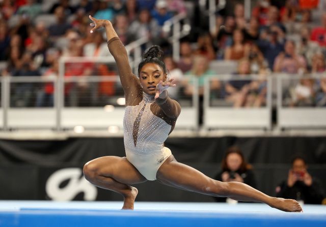 Biles competes in the floor exercise during the US Gymnastics Championships in June 2024. <a href="https://www.cnn.com/2024/06/02/sport/simone-biles-xfinity-us-gymnastics-championships-second-day-spt-intl/index.html" target="_blank">Biles dominated the event</a>.