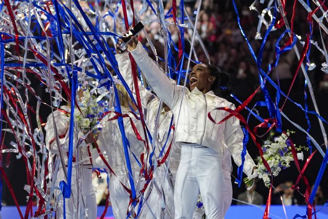 Biles celebrates as the 2024 Olympic team was named in June.