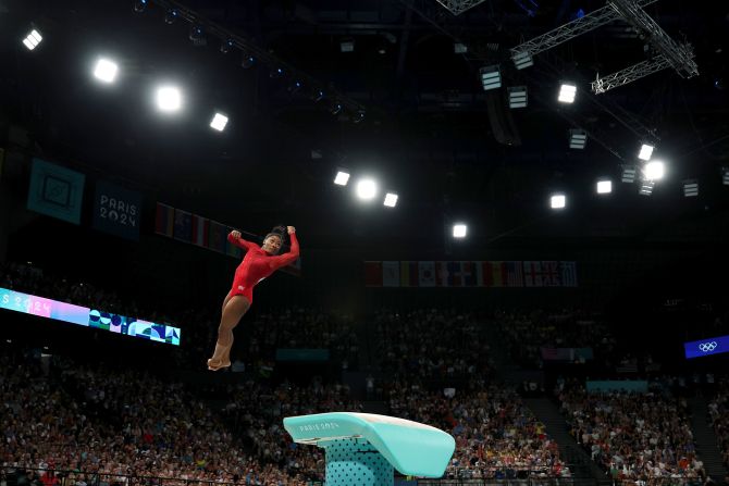 Biles competes in the individual vault final in August 2024. She took home the gold, her <a href="https://www.cnn.com/2024/08/03/sport/simone-biles-rebeca-andrade-vault-final-paris-olympics-spt-intl/index.html" target="_blank">10th Olympic medal</a>.