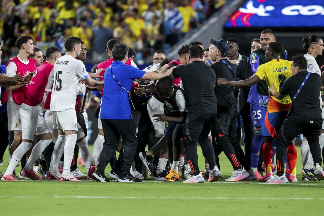 Players from both squads clashed on the field after the full-time whistle.