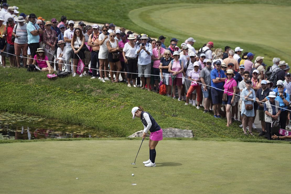 Furue putting on the 16th during the final round of the Evian Championship. She would birdie the hole and go on to win the title with a dramatic 18th hole eagle to win by a single stroke.