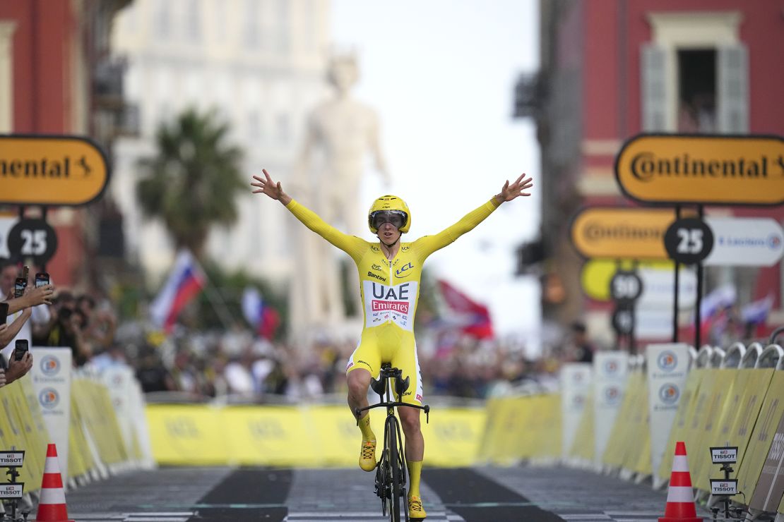 Pogačar crosses the finish line of Sunday's time trial in Nice, the final stage of this year's Tour de France.