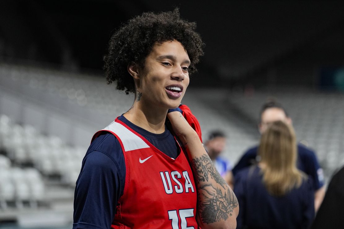 Brittney Griner speaks as the United States women's team practiced before the start of the 2024 Summer Olympics, Thursday, July 25, 2024 in Villeneuve-d'Ascq, France. (AP Photo/Michael Conroy)