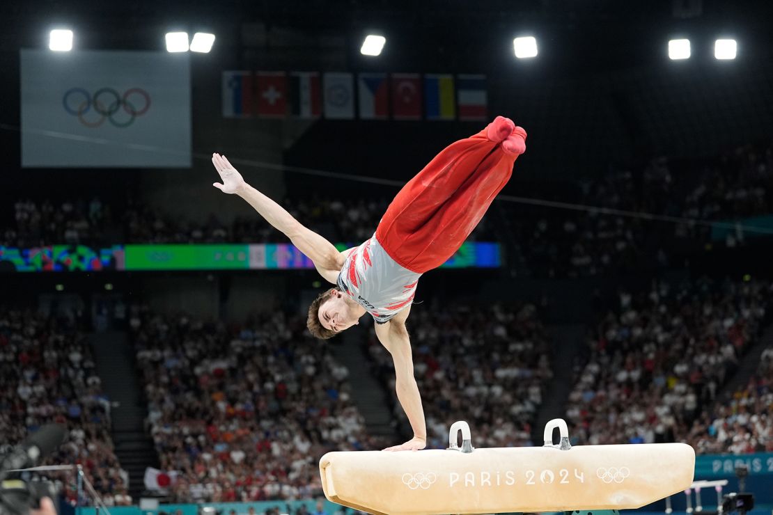 Stephen Nedoroscik defied gravity on the pommel horse at Monday's men's gymnastics team final.