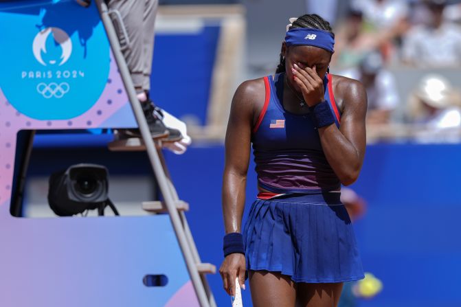 US tennis star Coco Gauff cries as she argues with chair umpire Jaume Campistol during the second set of her Olympic match against Croatia’s Donna Vekić on July 30. Gauff was facing a break point when a line call, initially called out, was overruled by Campistol. <a href="https://www.cnn.com/2024/07/30/sport/coco-gauff-paris-olympics-tennis-spt-intl">Vekić went on to win 7-6, 6-2</a>.