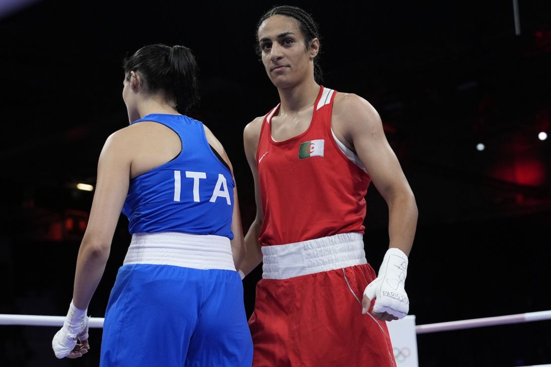 Algeria's Imane Khelif (R), is seen after defeating Italy's Angela Carini in the women's 66kg preliminary boxing match at the 2024 Summer Olympics in Paris on Thursday.